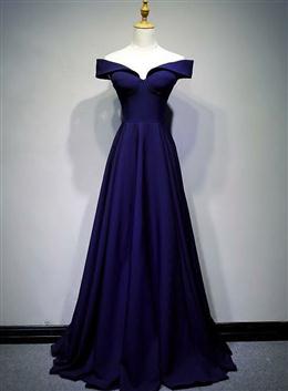 Picture of Pretty Navy Blue A-line Spandex Long Prom Dresses, Off Shoulder Bridesmaid Dresses